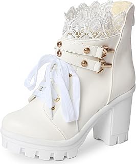 MEOTINA Women's Platform Ankle Boots Block Heel Lace Up Buckle Zipper High Heel Gothic Shoes Black