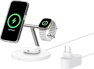 Belkin BoostCharge 3-in-1 Qi2 Charger, Wireless Charging Station with MagSafe, Qi2 Charging Dock for iPhone 17, Air, Pixelsnap, Apple Watch, AirPods, Power Supply - White
