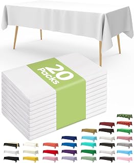 Pureegg 20 Pack White Disposable Plastic Tablecloth 54x108 Inch | Rectangle, Wedding, Party, Picnic, Decorative, Leakproof, Sturdy, Plastic Cover, Tablecloth, Home, Waterproof