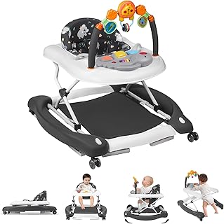 RefoereBabe 5 in 1 Foldable Baby Walker for Boys Girls Infant 6-12 Months | Walkers for Babies with Bouncer, Rocker, Feeding Tray, Music, Adjustable Heights &amp; Wheels, Seat Activity Walker