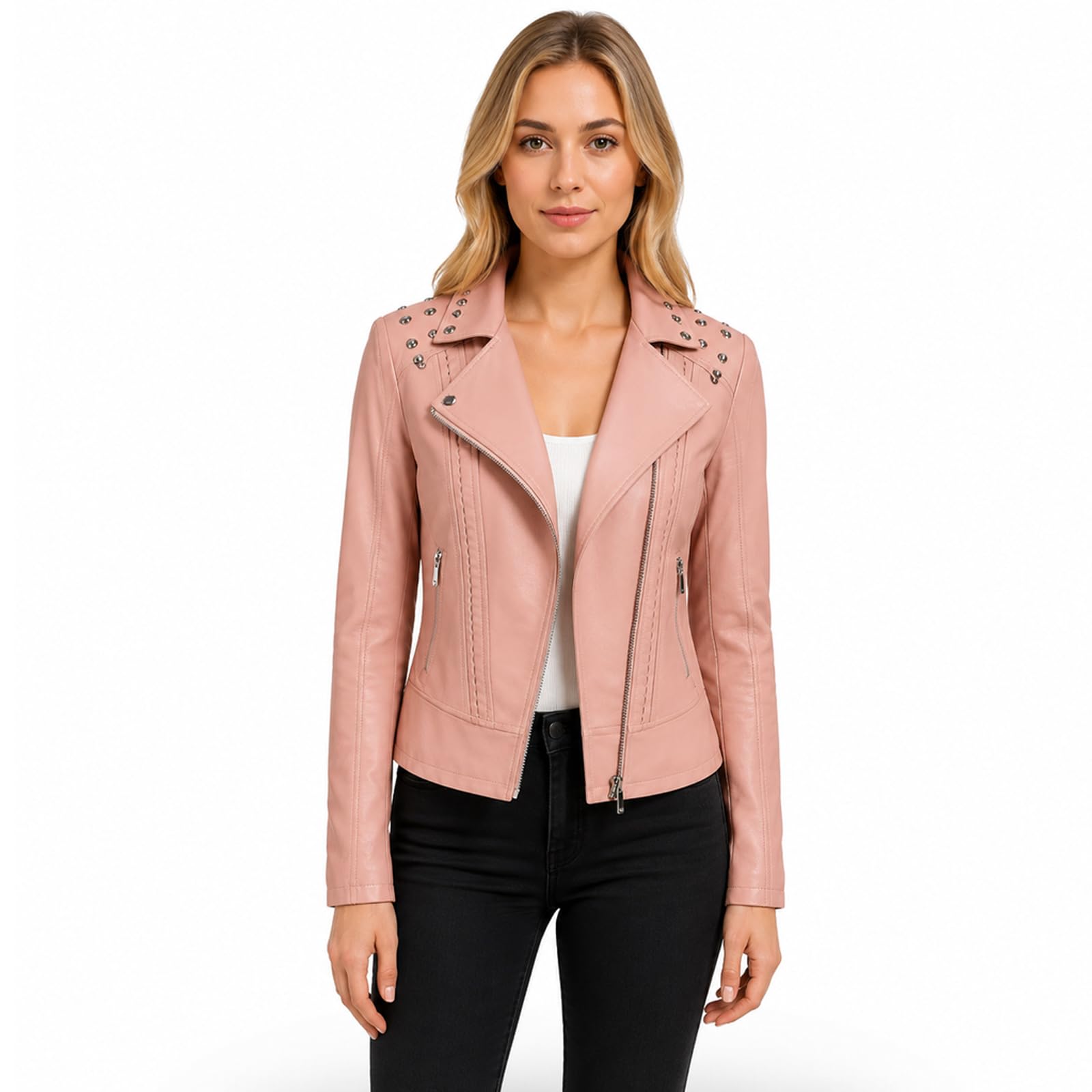 YMADREIG Leather Jacket Women Zip Up Long Sleeve Crop Motorcycle Jackets Slim Fi