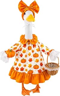 Fall Porch Goose Outfit Pumpkin Dress Costume for 23" Lawn Goose Statue Outdoor Patio Decor, Autumn Geese Clothes with Woven Basket & Headband for Thanksgiving Halloween Yard Decoration
