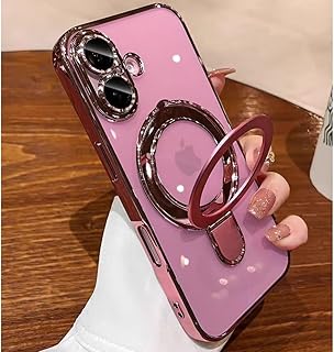 Magnetic Ring Case for iPhone 16 Case Kickstand Compatible with MagSafe Built-in Camera Lens Protector Shockproof Phone Case for iPhone 16 6.1" - Pink