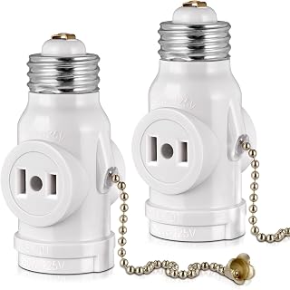 2-Pack E26 Light Socket Adapter - Converts Medium Screw Socket to Two Outlets With Pull Chain Switch - UL Listed, White