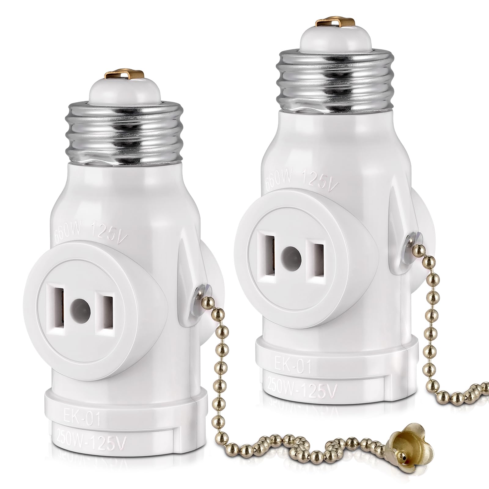 2-Pack E26 Light Socket Adapter - Converts Medium Screw Socket to Two Outlets Wi