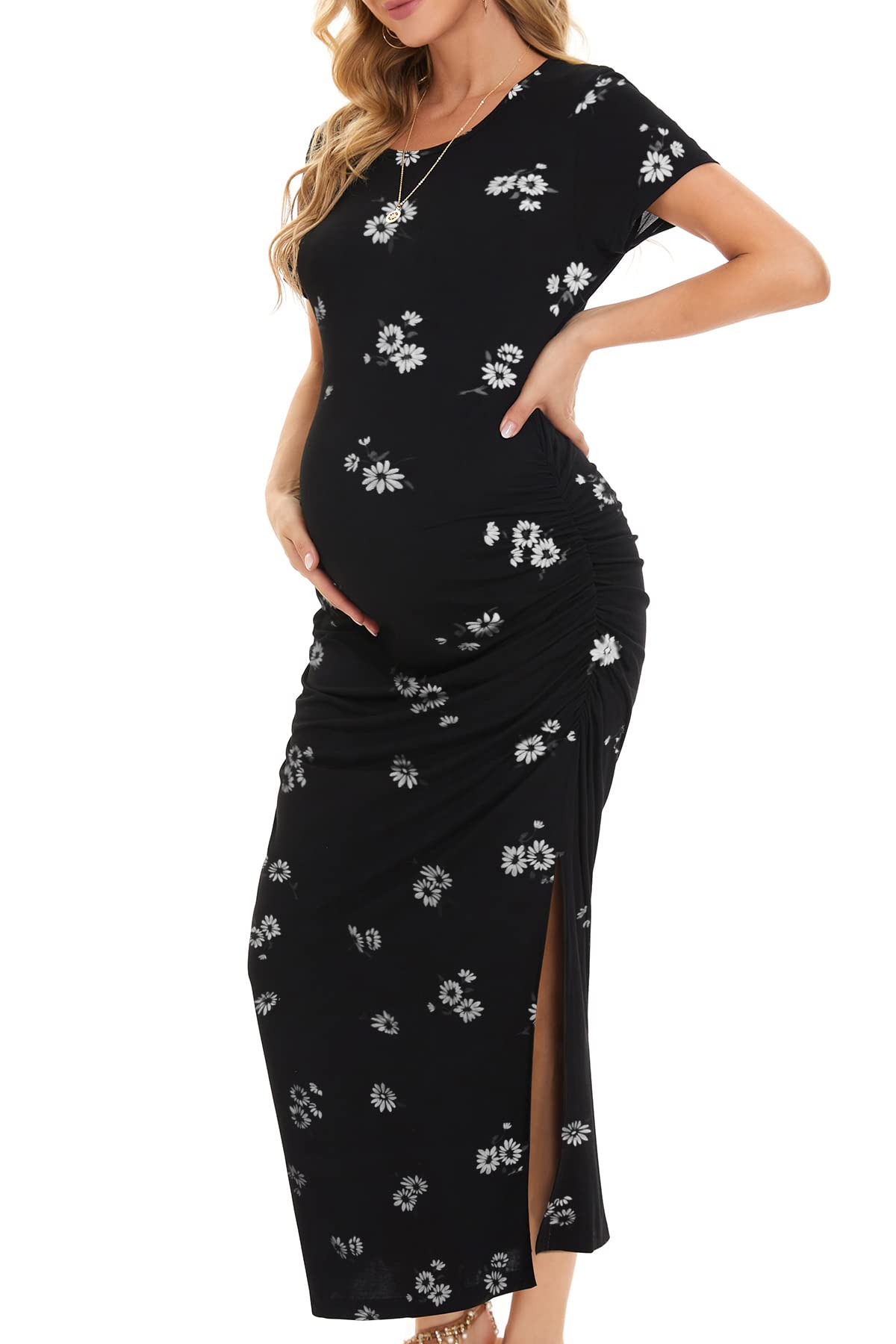 Smallshow Women's Split Long Maternity Dress Short Sleeve Ruched Pregnancy Cloth