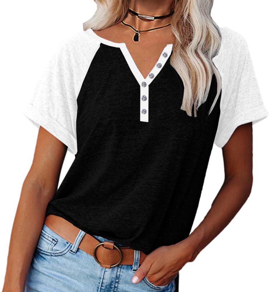 Womens Shirts Summer Henley V Neck Color Block Tshirts Raglan Short Sleeve Casau