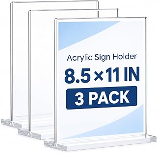Acrylic Sign Holder 8.5 x 11 Inch 3 Pack, Clear Display Sign Stand for Store Sign Holders, Vertical Double Acrylic Stands, Vendor Booth Display Items