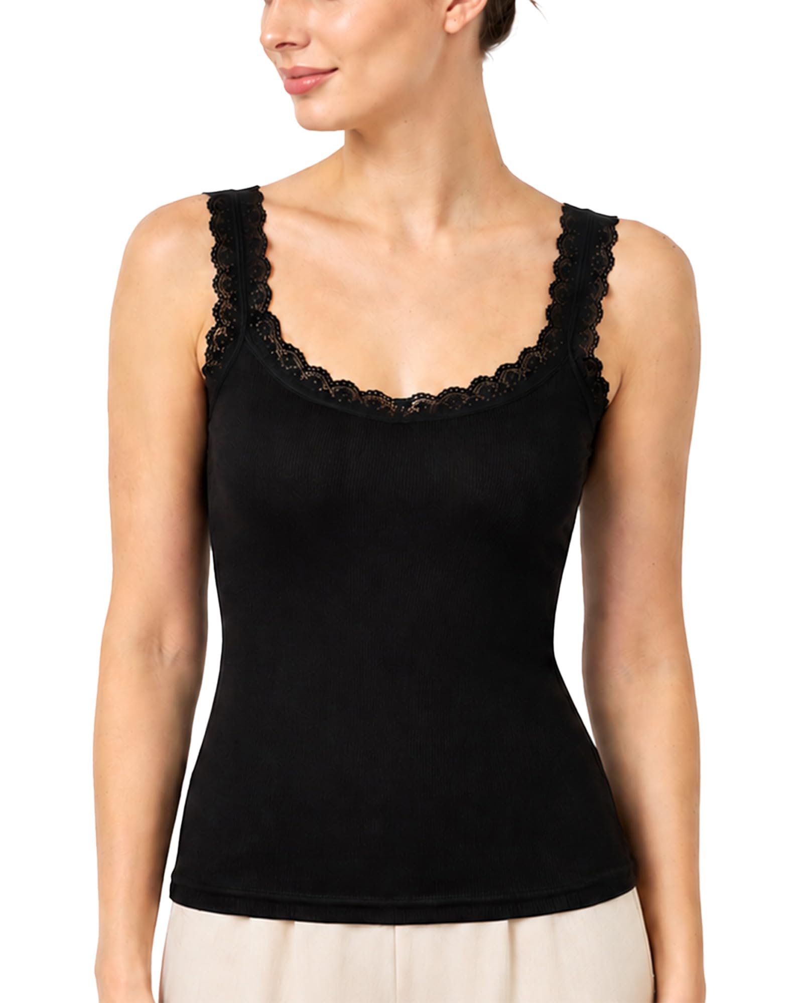 Women’s Ribbed Knit Lace Trim Tank Top – Lightweight Layering and Lounge Sleevel