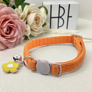 Breakaway Corduroy Adjustable Cat Collar with Bell and Flower Pendant, Orange