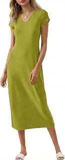 Wenrine Womens Short Sleeve T-Shirt Dress V Neck Summer Casual Midi Dresses