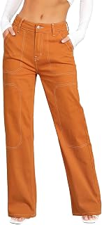 Dokotoo Jean cargo décontracté taille moyenne pour femme - Pantalon en jean extensible à jambe large avec poches