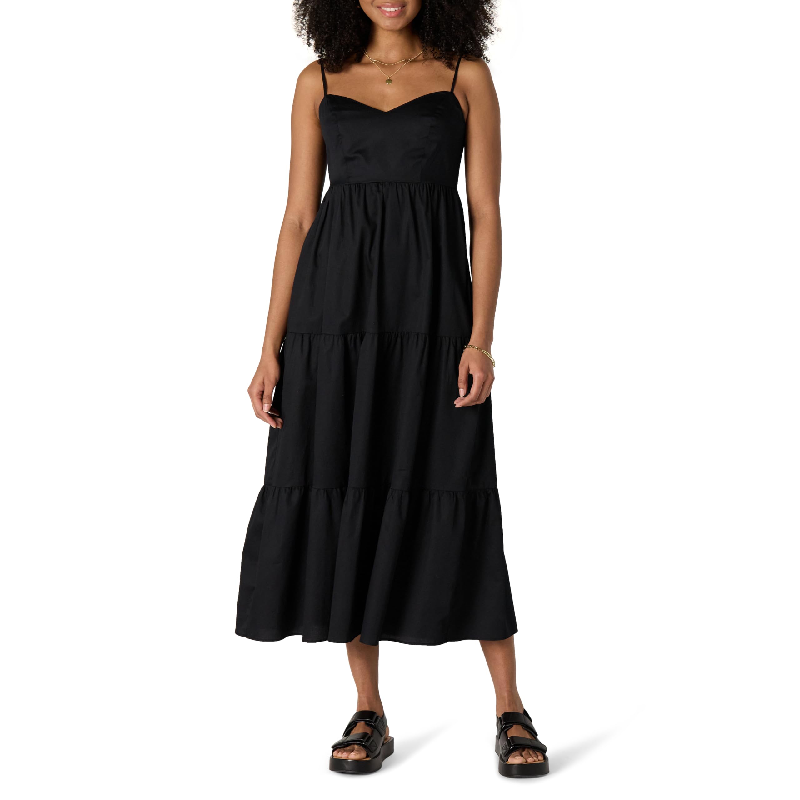 Amazon Essentials Women's Cotton Satin Tiered Maxi Dress with Sweetheart Necklin