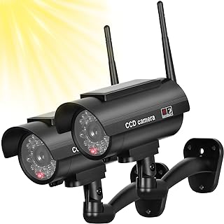 BNT Solar Powered Fake Security Camera, Bullet Dummy Security Camera Simulated Surveillance System with Realistic Red Flashing Light Sensor and Warning Sticker for Indoor/Outdoor(2Pack, Black)