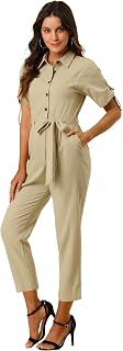 Allegra K Women's Short Sleeve Collared Coverall Tie Waist Cargo Jumpsuit