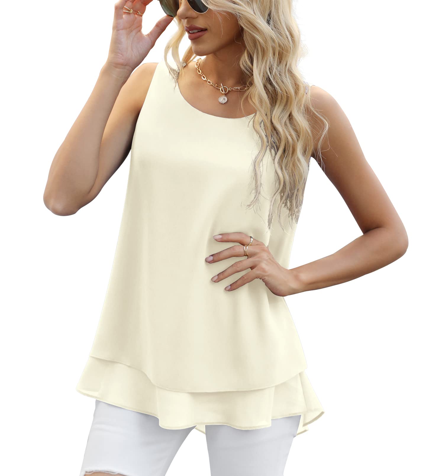 Jouica Women's Sleeveless Chiffon Tank Top Double Layer Casual Blouse Tunic