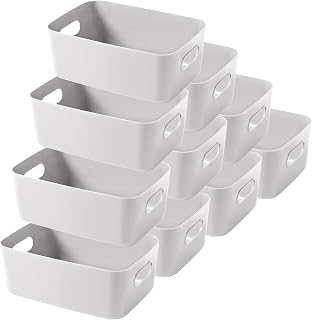 LYLIDIA Plastic Storage Basket, 10 Pieces, Plastic Storage Baskets, Plastic Storage Boxes with Grey Handles for Kitchen, Bathroom, Cosmetics, Closet