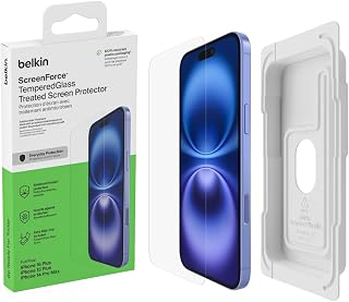 Belkin ScreenForce TemperedGlass Anti-Microbial Screen Protector, Tempered Glass Screen Protector for iPhone 15 Plus/14 Pro Max, Clear, Scratch-Resistant, Alignment Support, Bubble Free