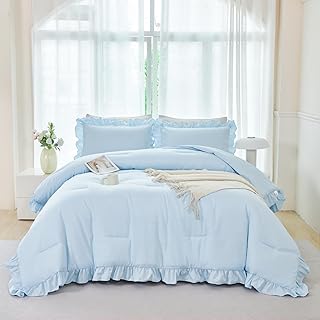 ANGIYUIN Light Blue Ruffle Girls Comforter Set Twin Size 5 Pieces Ruffled Farmhouse Bed in A Bag Solid Boho Bedding Comforter Sets Soft Fluffy Bed Sets for Kids Girl(Light Blue Twin)