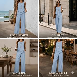 Women Casual 2 Piece Set Sleeveless Square Neck High Waist Wide Leg Pants Solid Color Holiday Daily Wear