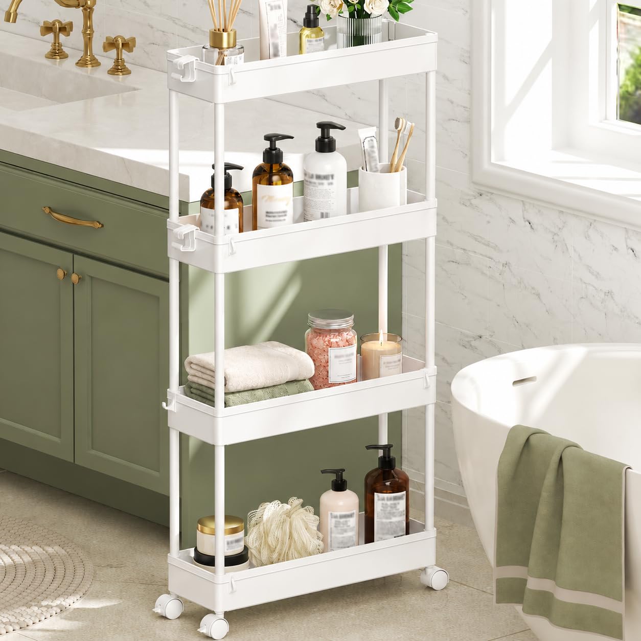 SPACEKEEPER Slim Rolling Storage Cart, 4 Tier Bathroom Cart Organizer,White | Na