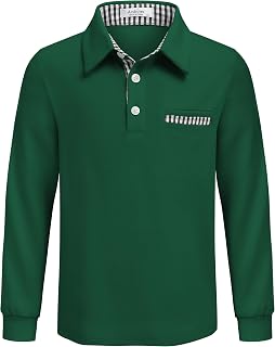 Arshiner Boys Long Sleeve Polo Shirt with Chest Pocket and Checked Trim