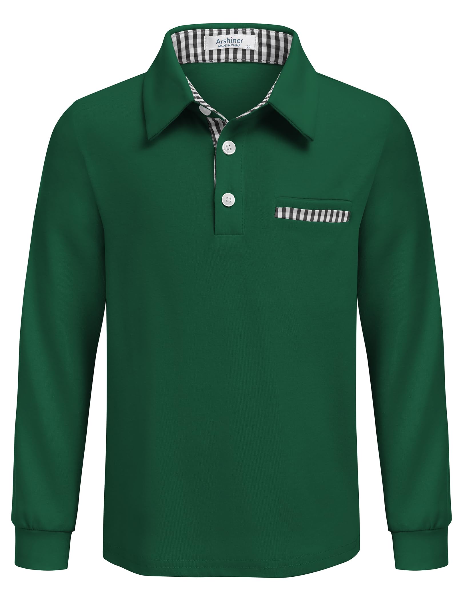 Arshiner Boys Long Sleeve Polo Shirt with Chest Pocket and Checked Trim