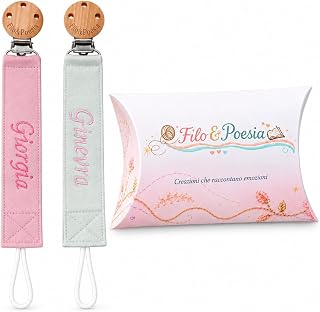 Filo e Poesia Dummy Chain with Name, Personalised with Embroidered Name, Many Models and Colours Dummy Holder to Choose from, Great Gift Idea for Baby Shower (Pink Green)