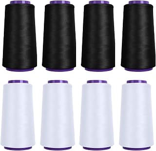 Black &amp; White Stretchy Wooly Serger Thread Cones, 8 Pack 2000M Each Spool Overlock Thread, Polyester Thread for Serger&amp;Overlock Machine Use,Low Stretchy