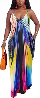 PerZeal Women Sexy Floor Length V Neck Adjustable Spaghetti Strap Sleeveless Colorful Summer Dress Plus Size