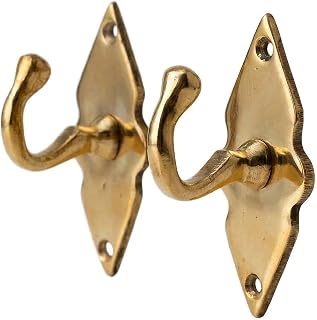 Unlacquered Solid Brass Wall Hooks – Heavy Duty Handmade Coat Hooks for Wall Mount | Decorative Brass Towel Hooks for Bathroom, Robes, Jackets, Towels | Vintage Rustic Coat Hanger (Set of 2)