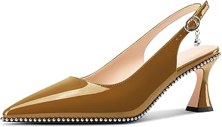 TNYNFBEB レディース キトンヒール ポインテッドトゥ パンプス ビーズ スリングバック スリッポン バックル プロム パーティードレス ベーシック クラシック パテントレザー 6.6cm ヒール