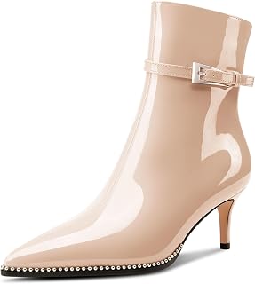 NobleOnly Women's Half Kitten Heel Closed Toe Pointed Toe Ankle Boots Buckle Closure Zipper Casual Boots 6.5cm Heels