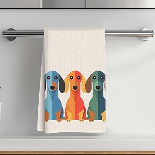 Colorful Dachshund Printed Kitchen Towel 14x24 inch, Absorbent Microfiber Decorative Cloth Tea Towel, Waffle Hand Towel for Kitchen Home Bathroom, Dog Lovers Gift 1