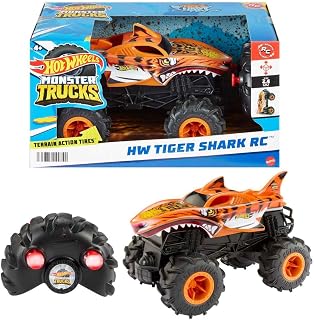 Hot Wheels Monster Trucks HW Tiger Shark RC, Remote-Control Vehicle | 1:24 Scale Oversized Truck with Terrain Action Tires​​​ for All-Terrain Driving