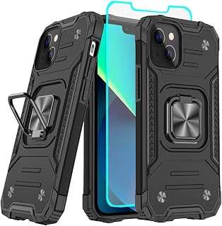 for iPhone 13 Case, iPhone 14 Case with HD Screen Protector, HNHYGETE 360°Military Grade Rotatable Kickstand (Heavy Duty) Shockproof Protective Cases for iPhone 13 (Black)