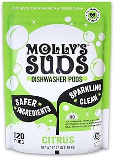 Molly's Suds Dishwasher Pods | Clean Dishwasher Detergent, Cuts Grease & Rinses Clean (Residue-Free) for Sparkling Dishes | 120 Auto-Release Tabs (Citrus)