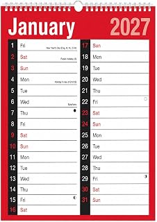2027 A4 Large Print Wall Calendar - 2 Column Month to View Spiral Bound Hanging Planner - Large Writing Spaces - Home Business Office School Family Organiser January-December 2027