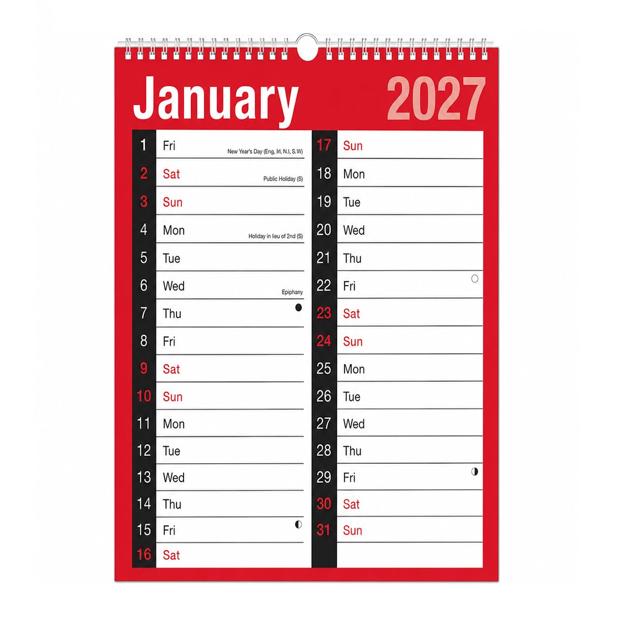 2027 A4 Large Print Wall Calendar - 2 Column Month to View Spiral Bound Hanging 