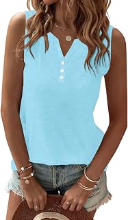 TICTICMIMI 女性用タンクトップ 夏 ノースリーブ ルーズフィット Vネック ボタン Tシャツ ベーシック Tシャツ カジュアル ゆったり トレンディな服