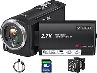 Video Camera Camcorder, QHD 2.7K 56MP 16X Digital Zoom Vlogging Camera | 2.8" 270° Rotatable Screen Camcorder, Built-in LED Fill Light Camcorder for YouTube with 16GB Card and Two Batteries