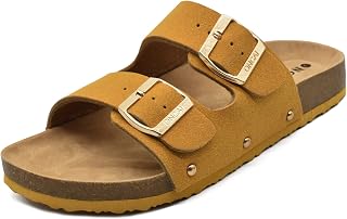ONCAI Women's Open Toe Footbed Sandals Suede Leather Strap Buckle Cork Slide Mules