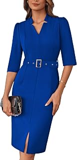 GRACE KARIN Women's V Neck Bodycon Dress 3/4 Sleeve Elegant Slim Fit Belted Formal Cocktail Dress