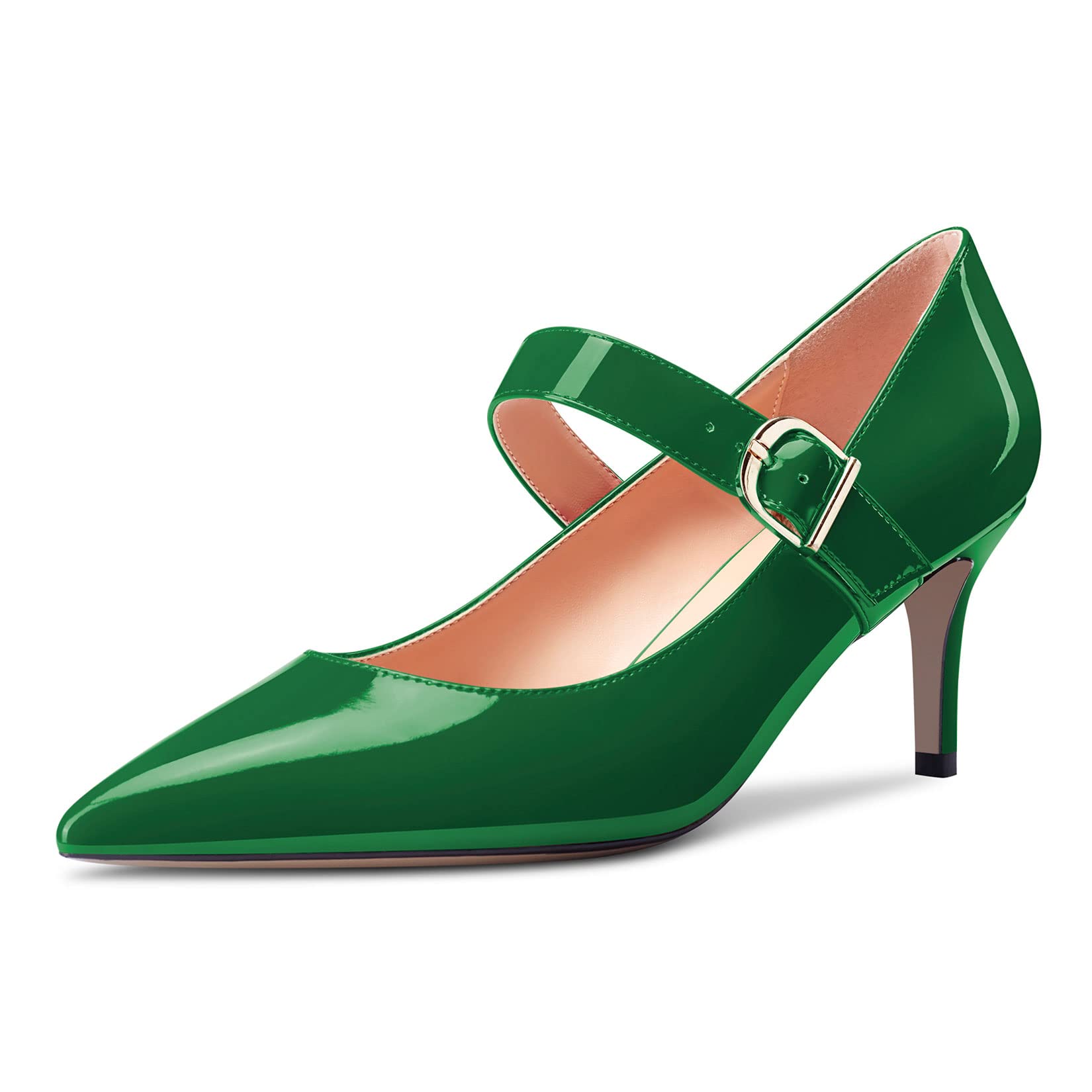 Saekcted Women's Stiletto Mid Kitten Heel Pointed Toe Pumps Mary Jane Slip-on Dr