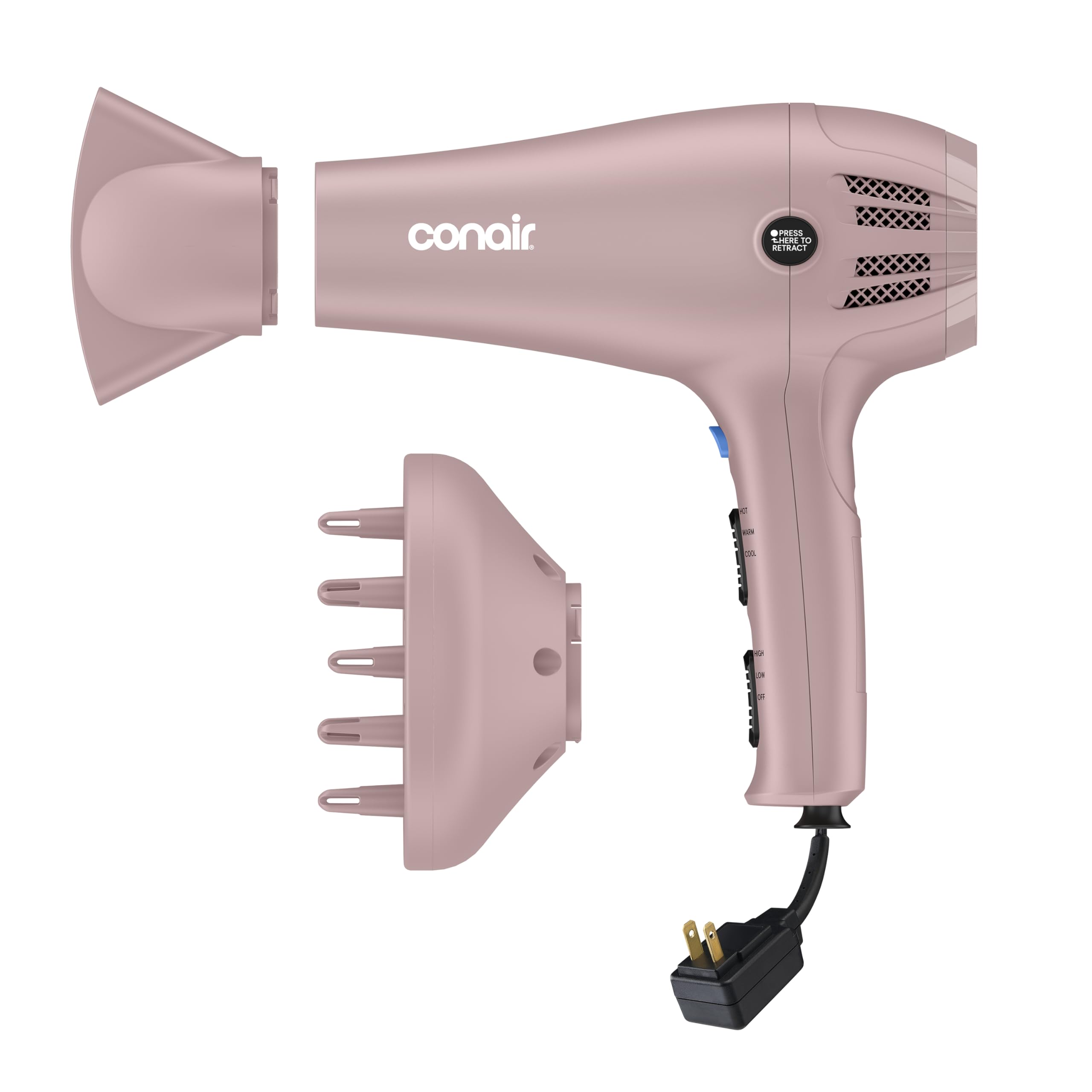 Conair Hair Dryer with Diffuser & Concentrator, 1875W, Matte Light Pink | Blow d