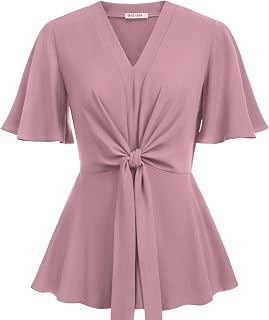 GRACE KARIN Women's Elegant V-Neck Tie Waist Flowy Peplum Shirt Tops