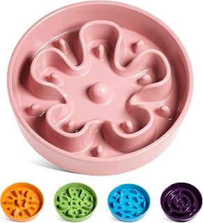 LE TAUCI Slow Feed Ceramic Bowl - for Small and Medium Breeds - Reduces Feeding Speed - Puzzle, Pink, M - 670 ml