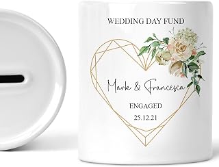 Personalised Wedding Fund Money Box - Geometric Heart | White ceramic; couple's names and engagement date; matching print on both sides