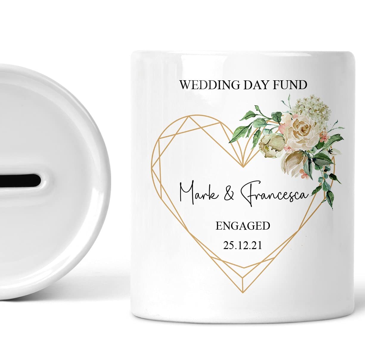 Personalised Wedding Fund Money Box - Geometric Heart | White ceramic; couple's 