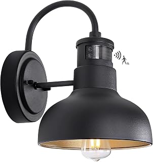 Exterior Barn Style Motion Lights with Wall Mount, Dusk to Dawn Outdoor Motion Sensor Gooseneck Light Fixture for Farmhouse, Black Small Porch Wall Lighting for Garage and House